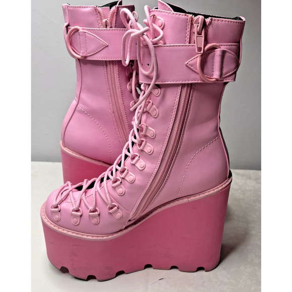 Sugar Thrillz Pink Platform Boots Size 7M Y2K Goth Rave Chunky Wedge Lace Up - Picture 9 of 14